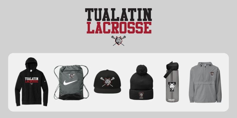 Tualatin Lacrosse fan apparel: hoodie, bag, hats, bottle and jacket