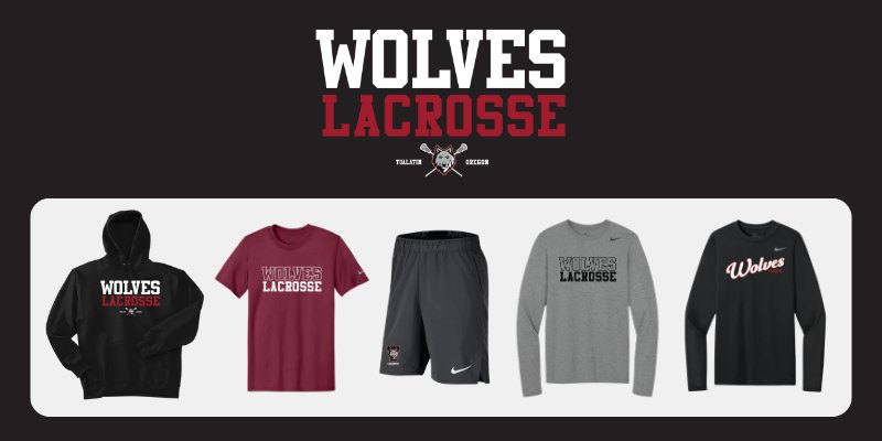 Wolves Lacrosse team gear: hoodie, tee, shorts and long-sleeve shirts